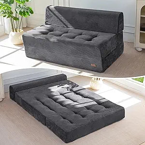 MAXYOYO 8" Folding Sofa Bed, Fold Out Chair Bed, Convertible Floor Sofa Couch, High-Density Foam Tufted Lounge Couch for Living Room Bedroom Dorm, Loveseat, Dark Grey
