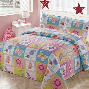 Kids Zone Home Linen Bedspread Coverlet Quilt Set for Girls Patchwork Butterfly Flowers White Purple Blue Green Pink (Full/Queen)
