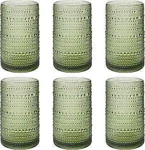 Vintage Hobnail Drinking Glasses Set of 6, 16 oz Large Capacity Embossed Green Tumblers, Highball Glasses for Water, Cocktail, Beer, Whiskey, Kitchen & Bar Use