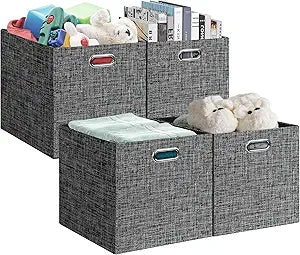 Posprica 13x15x13in Collapsible Storage Bins, Fabric Foldable Cube Storage Boxes, Decorative Storage Baskets Organizer for IKEA Kallax, Shelves, Closet, Clothes, Set of 4-Black