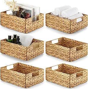 BLUEWEST Water Hyacinth Storage Baskets (Set of 6) Woven Hyacinth Organizer with Carrying Handles, Laundry Basket for Organizing, Rattan Bin for Shelves