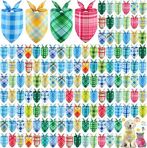 Pickmesh 150 Pcs Summer Plaid Dog Bandanas Bulk Summer Pet Scarf Bibs Hawaiian Pet Kerchief Adjustable Washable Seasonal Costume Accessories Holiday Grooming Supplies for Small to Large Cat Dog