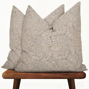 Hand-Block Printed, Artisan-Made Neutral Accent Throw Pillow Covers- 100% Cotton Cushion for Sofa, Bed, Chair, Home Decor, Boho, Indoor - Lina (Beige, 20" x 20" (Pack of 2))
