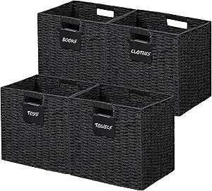 UBBCARE 4 Pack Wicker Basket, 1212 Storage Cubes with Label, Foldable Cube Storage Bin with Handle, Square Storage Basket for Shelves, Woven Paper Rope Basket for Organizing, Black