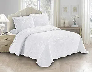 Fancy Linen 3pc Embossed Coverlet Bedspread Set Oversized Bed Cover Solid Floral Daisy Pattern New # Allis (Full/Queen, White)