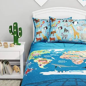 World Map 3 Piece Quilt Set-Twin XL Bedding & 2 Pillow Shams-Hypoallergenic Microfiber-Animals & Landmarks of the Continents & Oceans Bedspread by LHC