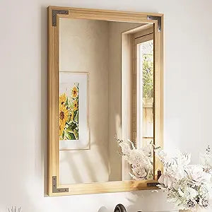 TETOTE 24 x 36 Natural Wood Framed Mirror for Bathroom Wall/Bedroom/Living Room/Entryway Farmhouse Rustic Bathroom Vanity Mirror Waterproof (Horizontal/Vertical Mounted)
