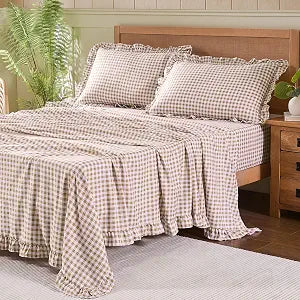 Gingham Queen Sheet Set, Lightweight Super Soft Brushed Microfiber Plaid Bed Sheets with 16" Deep Pocket, 4 Piece Ruffle Farmhouse Bedroom Decor, Taupe