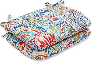 Pillow Perfect Paisley Indoor/Outdoor Round Corner Chair Seat Cushion with Ties, Plush Fiber Fill, Weather, and Fade Resistant, 15.5" x 18.5", Blue/Multi Ummi, 2 Count