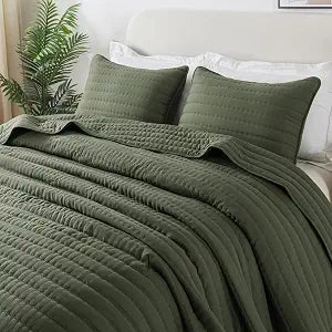 ROARINGWILD Olive Green Twin Size Quilt Set, Striped Pick Stitch Lightweight Bedspread, Soft Channel Farmhouse Rustic Coverlet, Spring Summer Thin Comforter, Country Bedding, 68x90 inches