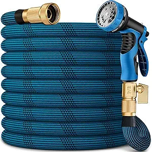 75FT Garden Hose, Lightweight Non-Expanding Water Hose with Heavy Duty 96-Layer Woven and 3/4" Brass Fittings, 5/8" Kink Free Hoses /w10 Function Nozzle for Yard Lawn Outdoor Car Wash(BlueBlack)