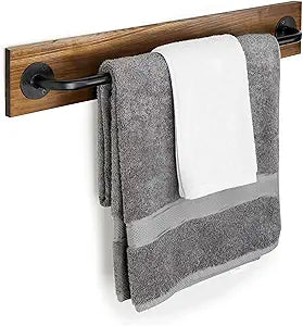 MyGift Industrial Pipe Towel Bar, 28 Inch Bathroom Wall Mounted Towel Holder with Metal Rod Rustic Burnt Wood Bathroom Sets, Farmhouse Towel Holder