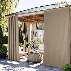 NICETOWN 100% Blackout Linen Outdoor Curtains for Patio Waterproof, Windproof Gazebo Curtains with Sticky Back Top & Back Tab Bottom, 2 Straps & Rope Included for Porch Pergola, W52 xL84, Taupe