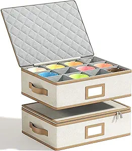 Mug Storage Box with Leather Trim, Hard Shell Stackable Coffee Mug Organizer with Dividers, Cup Storage Containers with Lid, Handles & Zipper for Moving and Storage, 2 Pack, Beige