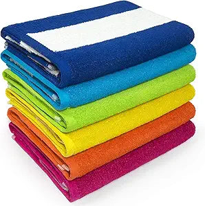 Cabana Beach and Pool Towel 6 Pack - 30in x 60in - Soft and Absorbent Eco-Friendly Terry Loop (Royal, Turquoise, Green, Yellow, Orange and Pink, 06 Pack)