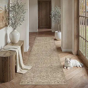 HUGEAR 3x8 Runner Rug Hallway Light Brown Machine Washable Vintage Floral Low Pile Carpet Vacuumable Distressed Long Throw Rug Bedroom Office Bathroom Kitchen Laundry Non Slip Soft Lightweight