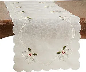SARO LIFESTYLE Winika Collection Embroidered Holly and Ribbon Table Runner, 16"x90", White