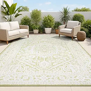 JONATHAN Y Medallion Weave Indoor Outdoor Area Rug 4X6 Green/Cream, Sinjuri Textured for Backyard, Patio, Porch, Easy-Cleaning, High Traffic, Pet-Friendly, Non-Shedding (SMB101E-4)