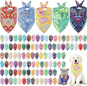 Sanwuta 100 Pcs Paisley Dog Bandana Bulk Pet Summer Triangle Scarf Bibs Bandanas for Dogs Washable Puppy Kerchief Adjustable Grooming Supplies for Small Medium Large Seasonal Cat Costume Accessories