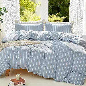 DONEUS Blue Striped Duvet Cover Set 100% Washed Cotton Linen Like Super Soft Breathable Comfy 3 Pieces Bedding Set with Zipper Closure (Cornflower Blue White Wide Stripes, Queen 90"x90")