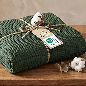 Bedsure GentleSoft 100% Cotton Blanket King Size for Bed - Breathable Lightweight and Soft, Basket Waffle Weave Woven Blankets for Summer, Home Decor, Olive Green, 108x90 inches