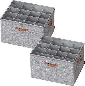 SONGMICS Shoe Organizers for Closet, Pack 2 Shoe Storage Bins, Fits 32 Pairs, Fabric Containers with Handles and Clear Cover, Adjustable Dividers, Customizable, Dove Gray ULSP556G01