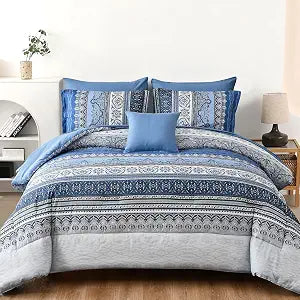 Cottolester Boho Comforter Set King Size,8 Pieces Blue and Grey Bohemian Striped Bed in a Bag,Paisley Soft Microfiber Bedding Comforter Set