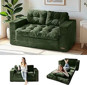 MAXYOYO Convertible Sofa Bed, Pull Out Loveseat Sleeper Sofa, 2 in 1 Folding Couch Bed, Fold Out Floor Couch with Pillows for Living Room Bedroom Lounge, Dark Green