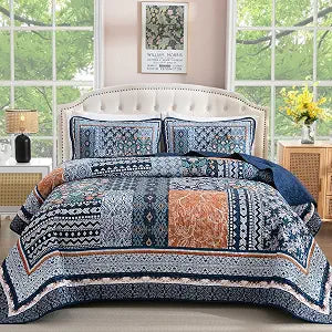 WONGS BEDDING Navy Blue Quilt Set King, 3 Pcs Boho Patchwork Bedspread Set