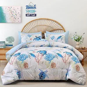 weigelia King Size Comforter Set 3 Pieces Coastal Beach Themed Bedding Set with Sea Turtle Design, Lightweight Soft for All Season Ideal Coastal Decor Bedding for Bedroom and Relaxing Beach Style
