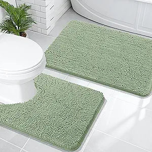 OLANLY Bathroom Rugs Sets 2 Piece, Soft Absorbent Chenille Bath Mats and U-Shaped Contour Toilet Rug, Non-Slip, Machine Washable Bath Carpet, Home Decor Accessories(30"x20"+24"x20", Sage Green)