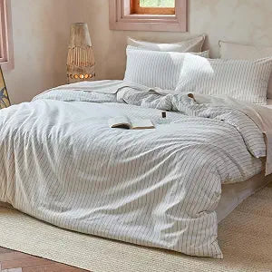FALUCA 100% Washed Cotton Striped Duvet Cover Set Queen Size 3 Pieces (1 Duvet Cover 88"x92", 2 Pillow Shams) Breathable Durable Soft Bedding Set for All Season (White-Tannish Linen Stripes, Queen)