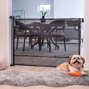 MYPET Versafit Retractable Pet Gate: 55" Hardware Mounted Mesh Dog Gate for Stairways, Hallways, and Doorways; 33" Tall, Black