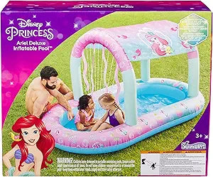 SwimWays Disney Princess Ariel Water Castle Deluxe Inflatable Pool, Above Ground Pool with Canopy and Fast Inflation for Kids Aged Aged 3 & Up