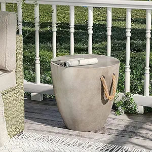 SUNBURY Outdoor Side Table Concrete Side Table, 17" H Small Outdoor Side Table End Table for Patio w Hemp Rope, Ceramic Round Coffee Table Accent Table Garden Outdoor Plant Stands