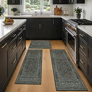 Black Green Kitchen Rug Set of 3, Washable Non-Slip Mats with Runner, Low Pile Vintage Botanical Floor Covering for Entryway, Bathroom, Hallway, Laundry Room