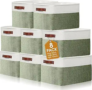 Uiifan 8 Pack 16 x 12 x 10 Inch Large Storage Baskets Collapsible Fabric Storage Cubes Bins with Handles for Shelves Closets Nursery Home Clothes Toys Organizers, Green