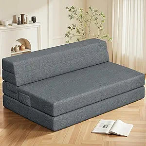 Youzi Folding Sofa Bed Queen, 6 Inches Foam Floor Sofa and Folding Mattress with Washable Cover, Fold Out Couch for Guests, Camping and Travel, Dark Gray, 80" x 60" x 6"