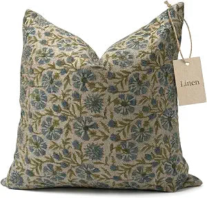 Linen Throw Pillow Covers 20x20 inch Blue Green Decorative Pillow Covers for Living Room, Bedroom