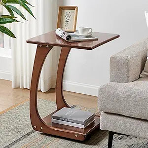 C Shaped End Table, C Table with Wheels, TV Tray Table, Couch Table that Slide Under for Living Room, Bedroom, Walnut Color (18.1" D x 15.7" W x 24.8" H)