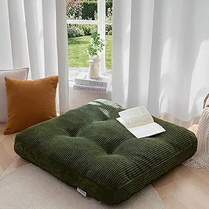 HIGOGOGO 35" Floor Pillow Cushion for Adults, Meditation Cushion Pillow, Extra Large Square Floor Sitting, Tufted Corduroy Cover for Tatami Living Room or Yoga, Dark Green