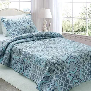 KASENTEX Twin Quilt Set Lightweight Bedspread Coverlet,Country-Chic Printed Pre-Washed Quilt Bedding Set - Microfiber Fabric Quilted Pattern Bedding(Light Blue Paisley, 86x68)