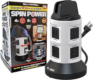 Bell+Howell Spin Power Strip Tower Surge Protector - 4 Outlets, 6 USB Ports, 40" Retractable Cord, 360 Rotation | Electric Charging Station with Built-in Phone & Tablet Holder | USB Outlet Extender