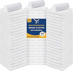 Cotton Washcloths Bulk (60 Pack) - 100% Ring Spun Cotton, Premium Quality Face Cloths, Highly Absorbent and Soft Fingertip Towels, Wash Cloths (12x12 inch, White)