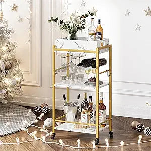 3-Tier Gold Bar Cart with Removable Tray, Small Bar Carts with Wheels, Rolling Beverage Cart, Drink Cart, Gold Wine Cart with Wine Rack for Kitchen, Living Room GBC513G