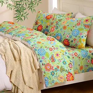 MEISHANG Soft Cooling Twin Sheet Set - Blend Rayon Derived from Bamboo,1800 Thread Count Floral Bed Sheets Oeko-Tex Certificated 3 Pieces - Sage Green