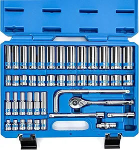 NEIKO 02512A 3/8 Drive Socket Set with Quick Release Ratchet (90 Tooth), 43 Piece Standard and Deep Metric Sizes, 6mm to 24mm, 6 Point, Universal Joint, 3/8 Extension Bars, Made with CR-V Steel