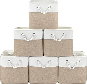 Patvingot 11 Inch Cube Storage Bins, 6 Pack Fabric Storage Cubes with Rope Handles, Organizer Baskets for Closet Shelves, Clothes and Home Organization(White/Khaki)