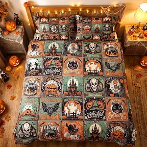 Tudomro 3pcs Halloween Bedding Set Queen Size Bat Ghost Pumpkin Duvet Cover