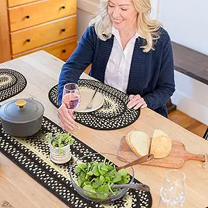 Homespice Manchester Oval Table Runner - 11"x36", Black & Tan - Handcrafted with Jute - Rich Colors, Easy to Clean, Durable and Protects Furniture